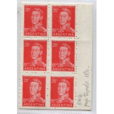 ARGENTINA 1954 GJ 1034 SAN MARTIN BLOQUE DE 6 ESTAMPILLAS MINT LOS DOS SELLOS DE ABAJO SIN DENTAR EN EL BORDE